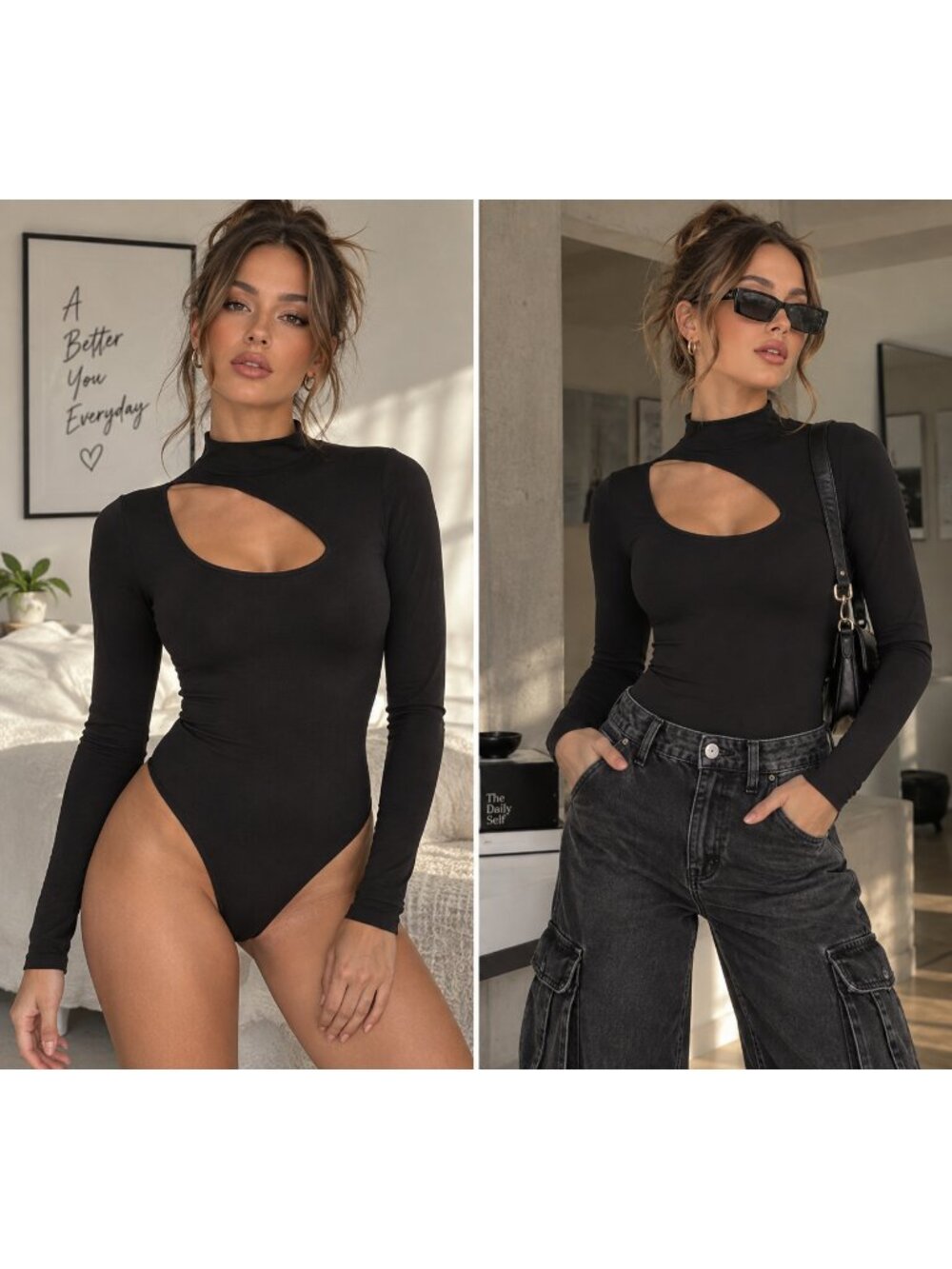 HAUTE MONDE Black Long Sleeve Cut Out Bodysuit Stretch Sexy Fitted Rayon NEW M